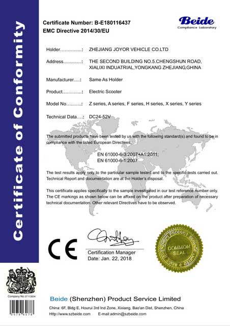 Joyor - Certificate of comfornity