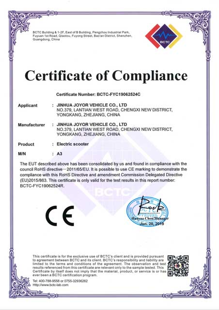 Joyor Certyficate of Compliance