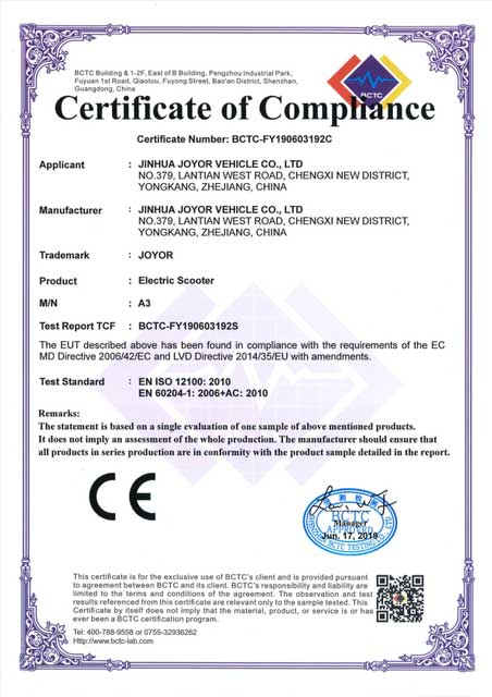 Joyor Certyficate of Compliance